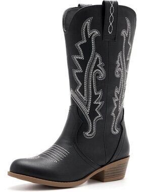 Women's Black Rubber Western Embroidered Cowgirl Mid Calf Stylish Riding Boots